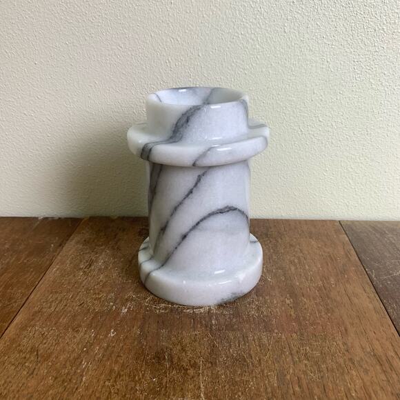 Vintage White Gray Veined Solid Marble Convertible Column Candle Holder Italy - Picture 1 of 6